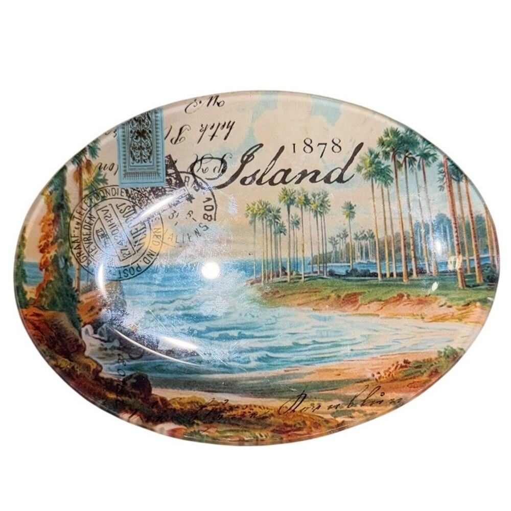 Michel Design Works “Beach” Glass Oval Soap Dish Island Caribbean Palm Trees